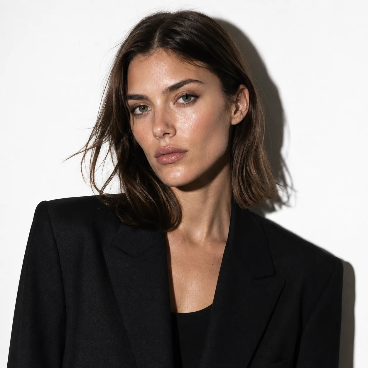 Portret fashion editorial AI: studio editorial z mocnym flashem