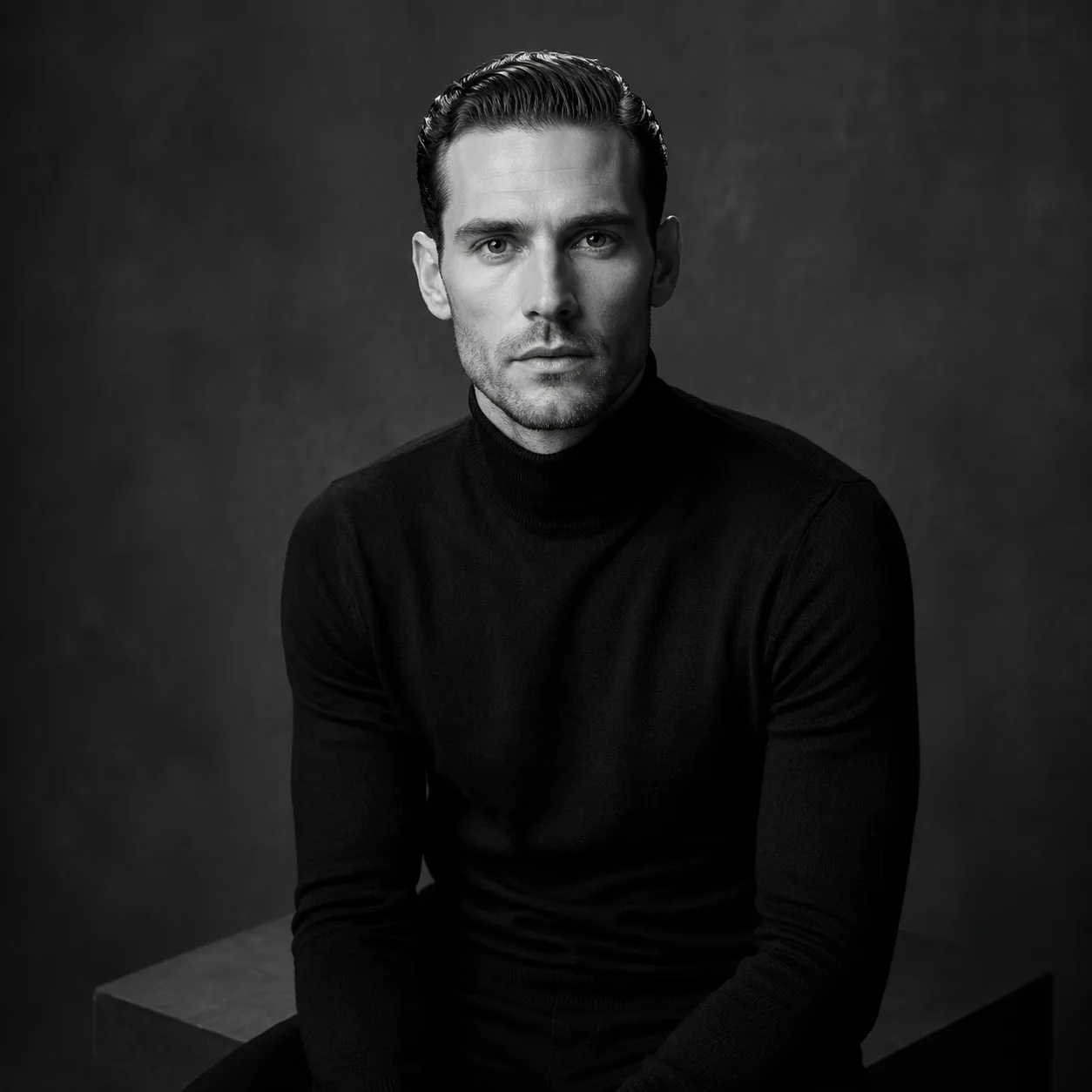 Portret fashion editorial AI: czarno biały portret high fashion