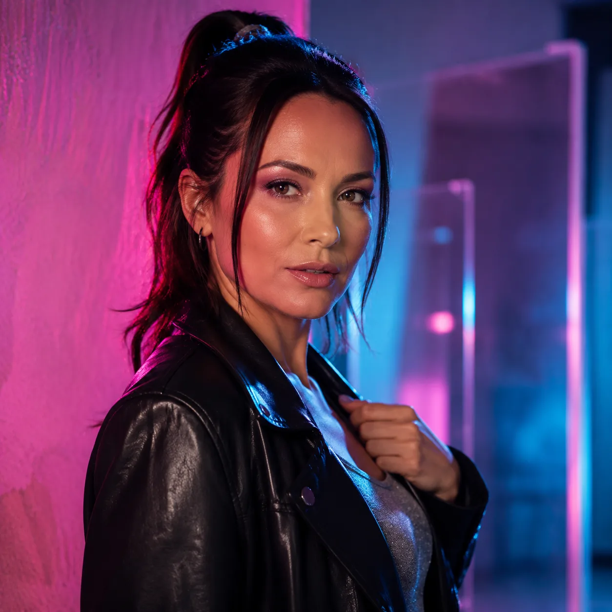 Portret fashion editorial AI: neonowy portret y2k różowe