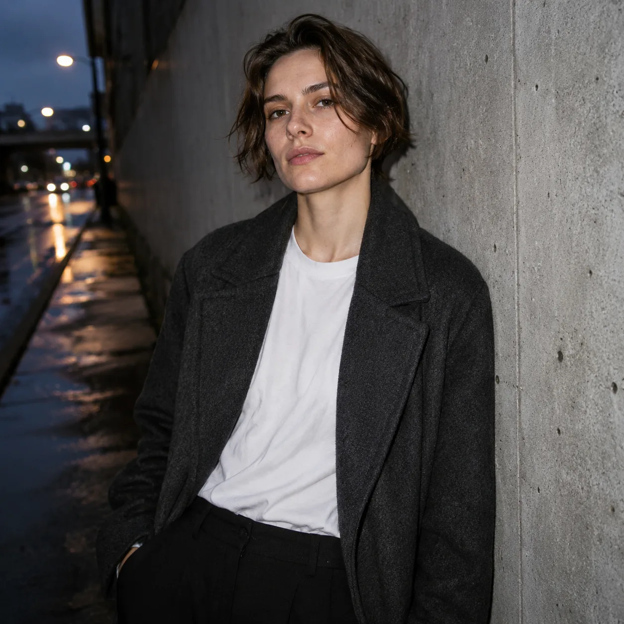 Portret fashion editorial AI: street fashion z flashem betonowa