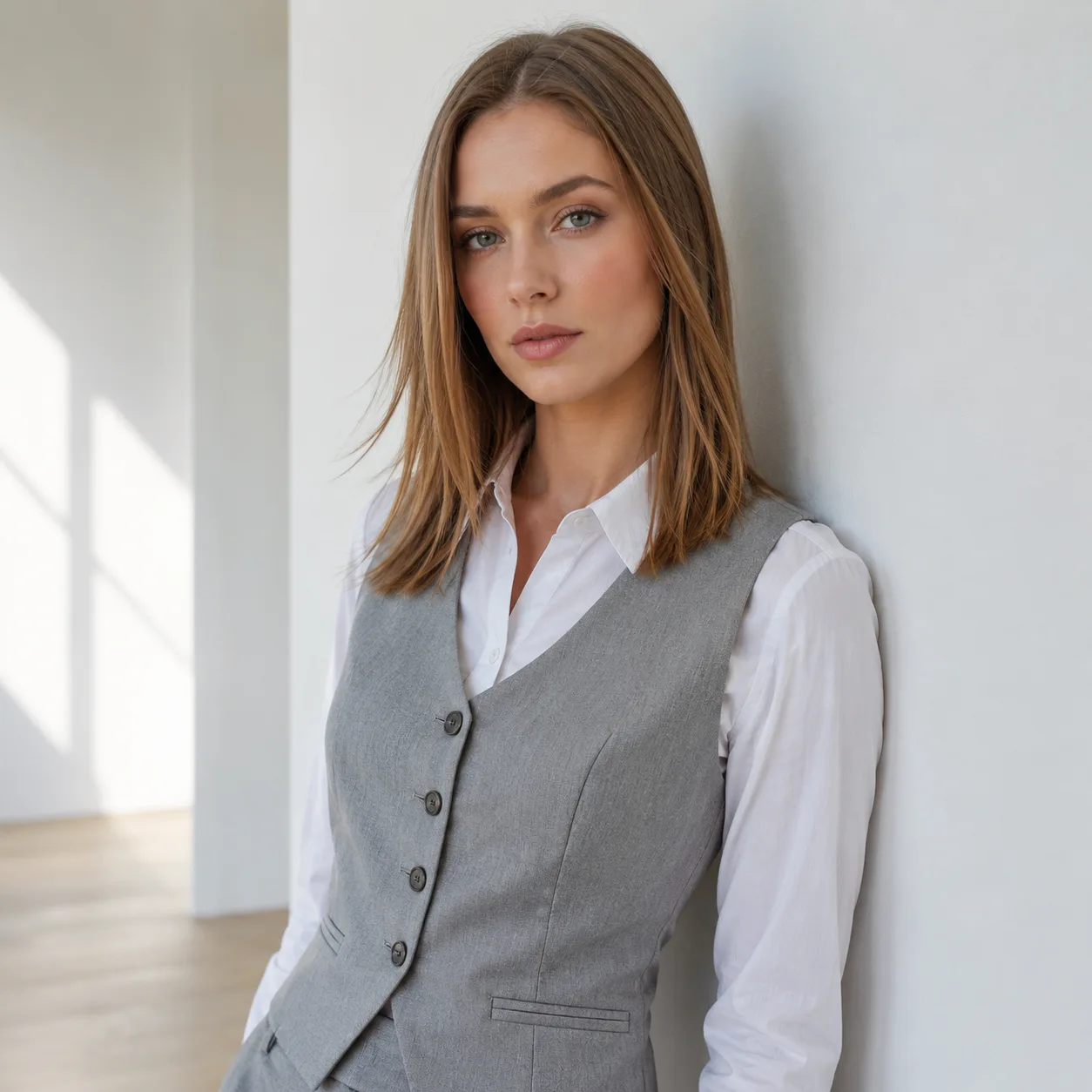 Portret fashion editorial AI: lookbook portret przy jasnej ścianie