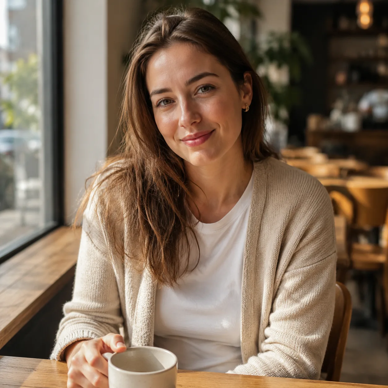 Portret lifestyle AI: poranna kawiarnia z drewnianym stolikiem