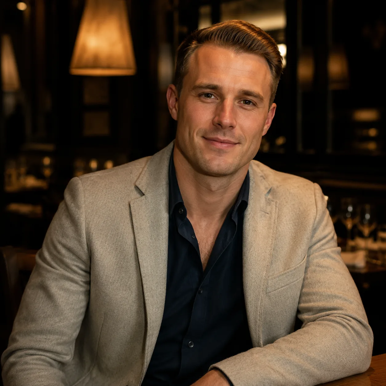 Portret lifestyle AI: elegancka restauracja w tle ciemna