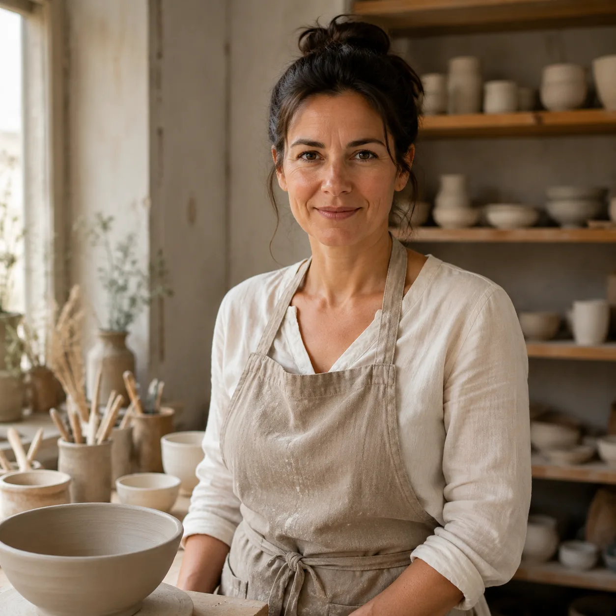 Portret lifestyle AI: pracownia ceramiczna fartuch