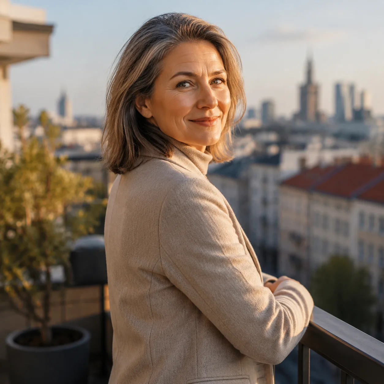 Portret lifestyle AI: taras mieszkania neutralne miasto