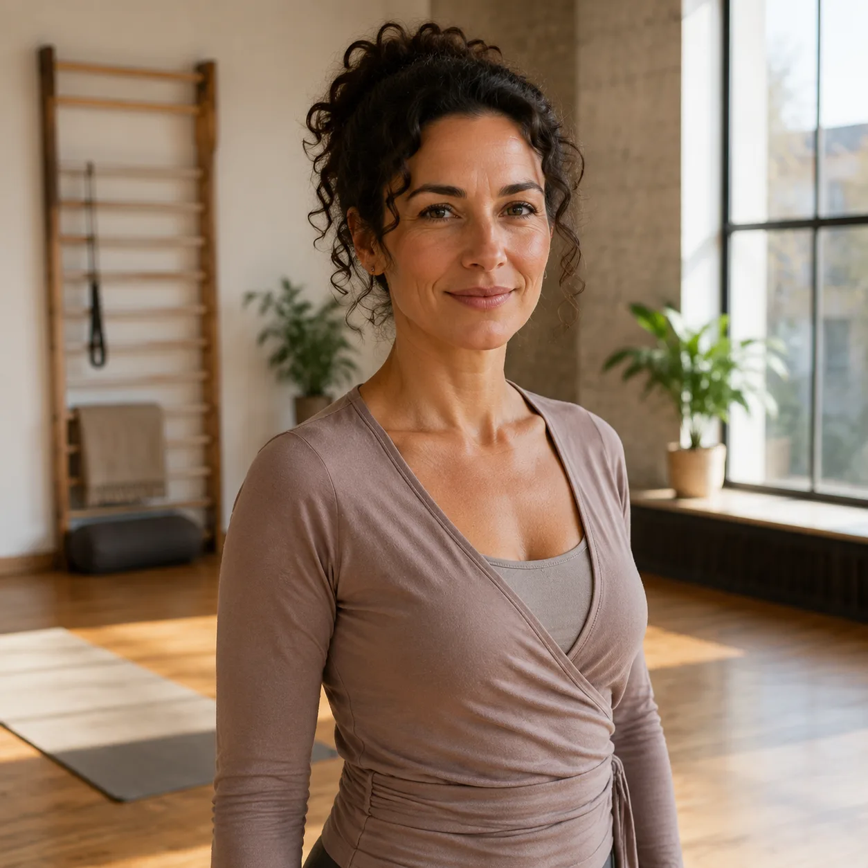 Portret lifestyle AI: studio jogi neutralna mata