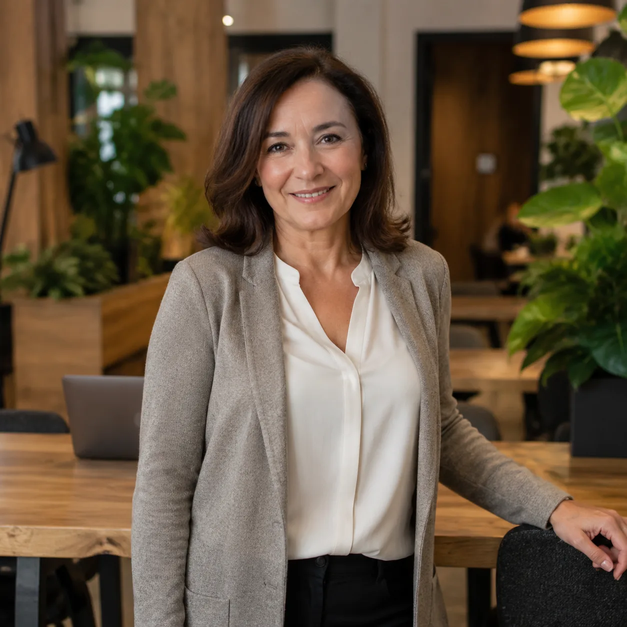 Portret lifestyle AI: coworking rośliny i drewno casual