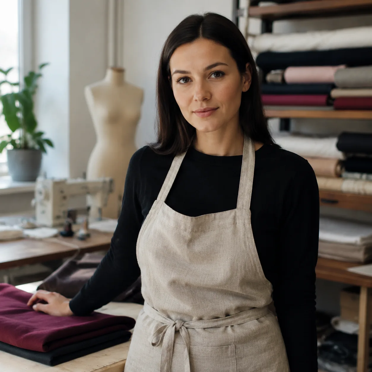 Portret lifestyle AI: pracownia krawiecka tkaniny w tle