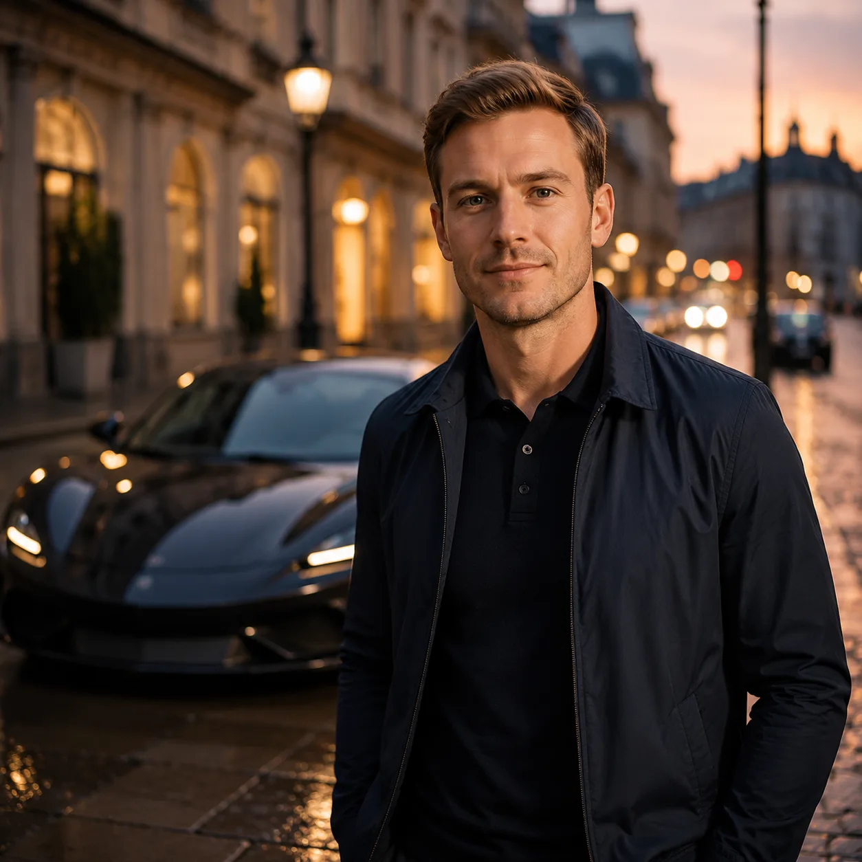 Luksusowy portret podróżny AI: eleganckie auto sportowe w tle
