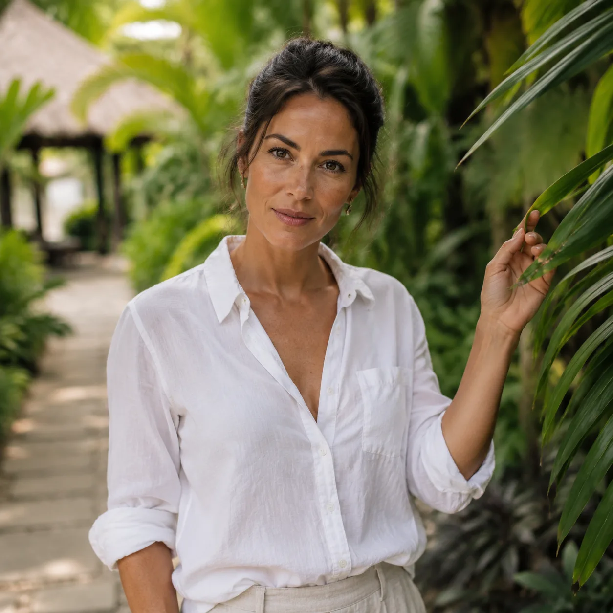 Luksusowy portret podróżny AI: Bali villa garden biała koszula