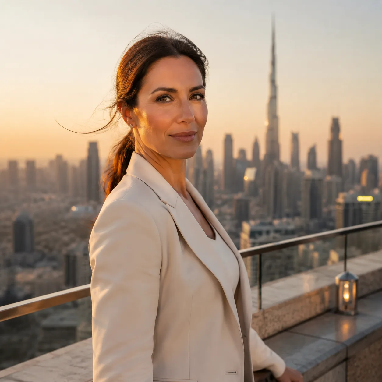 Luksusowy portret podróżny AI: dubaj rooftop neutralny skyline