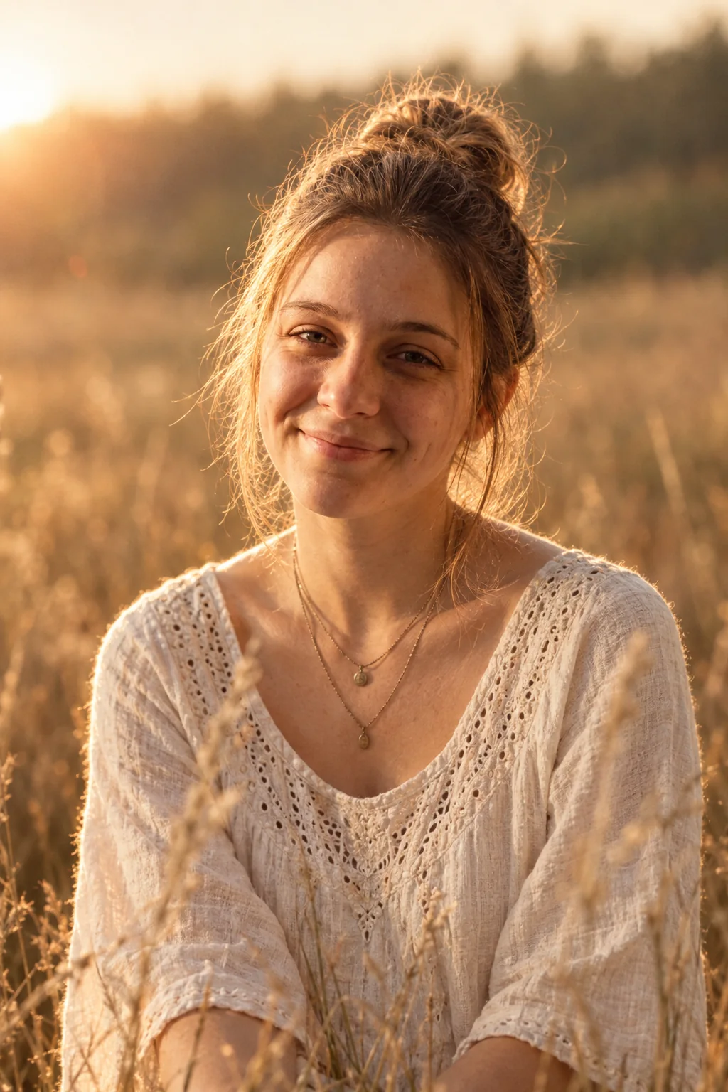 Boho w lnianej sukience w złotym świetle