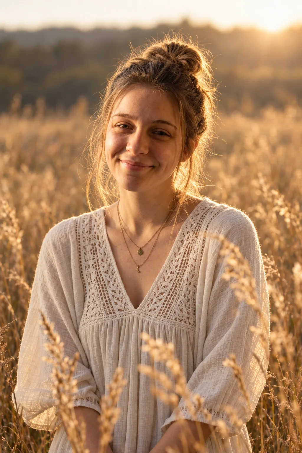 Sesja boho w polu traw o zachodzie