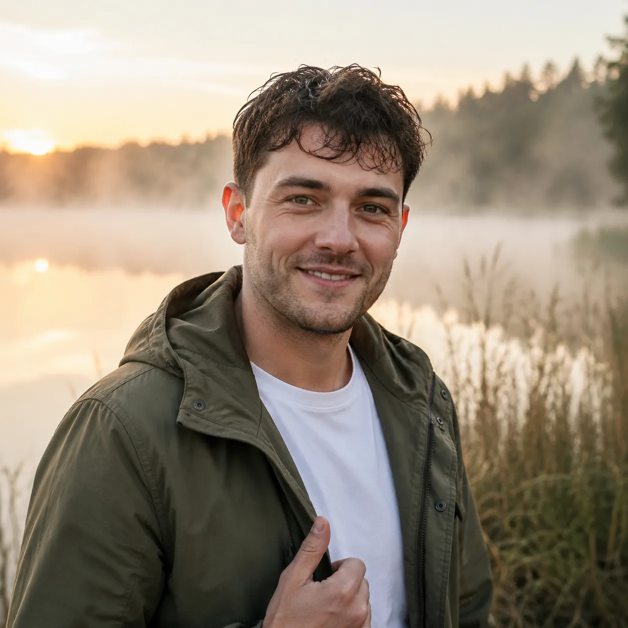 Sezonowy portret plenerowy AI: brzeg jeziora o poranku mgła